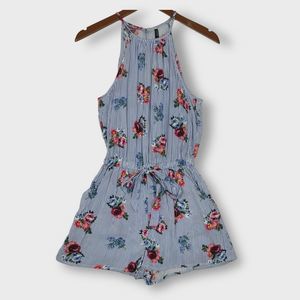 Blue and White Striped Floral Romper | Size Small